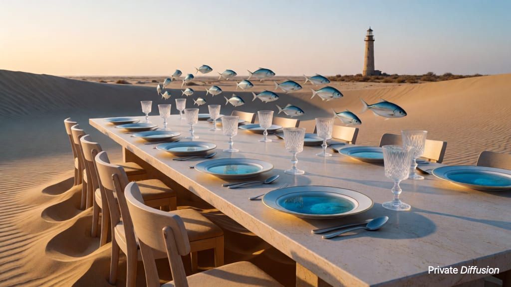 A stone dining table in the desert holds tide pools and floating fish.