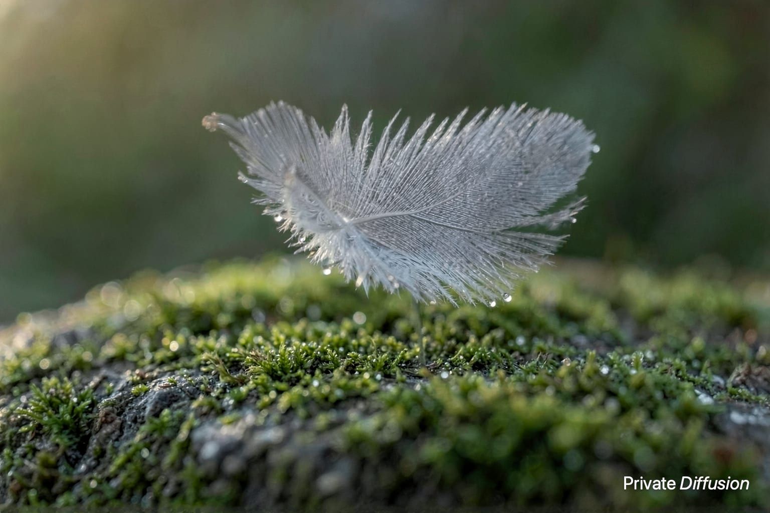 Dew drops cling to a gray feather strand resting on mossy stone.