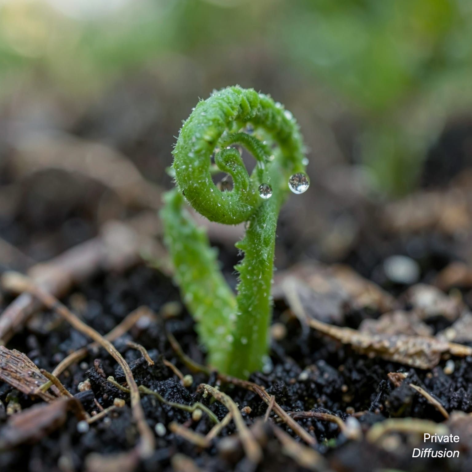 A macro view of dew drops on a curled fern fiddlehead emerging from soil.