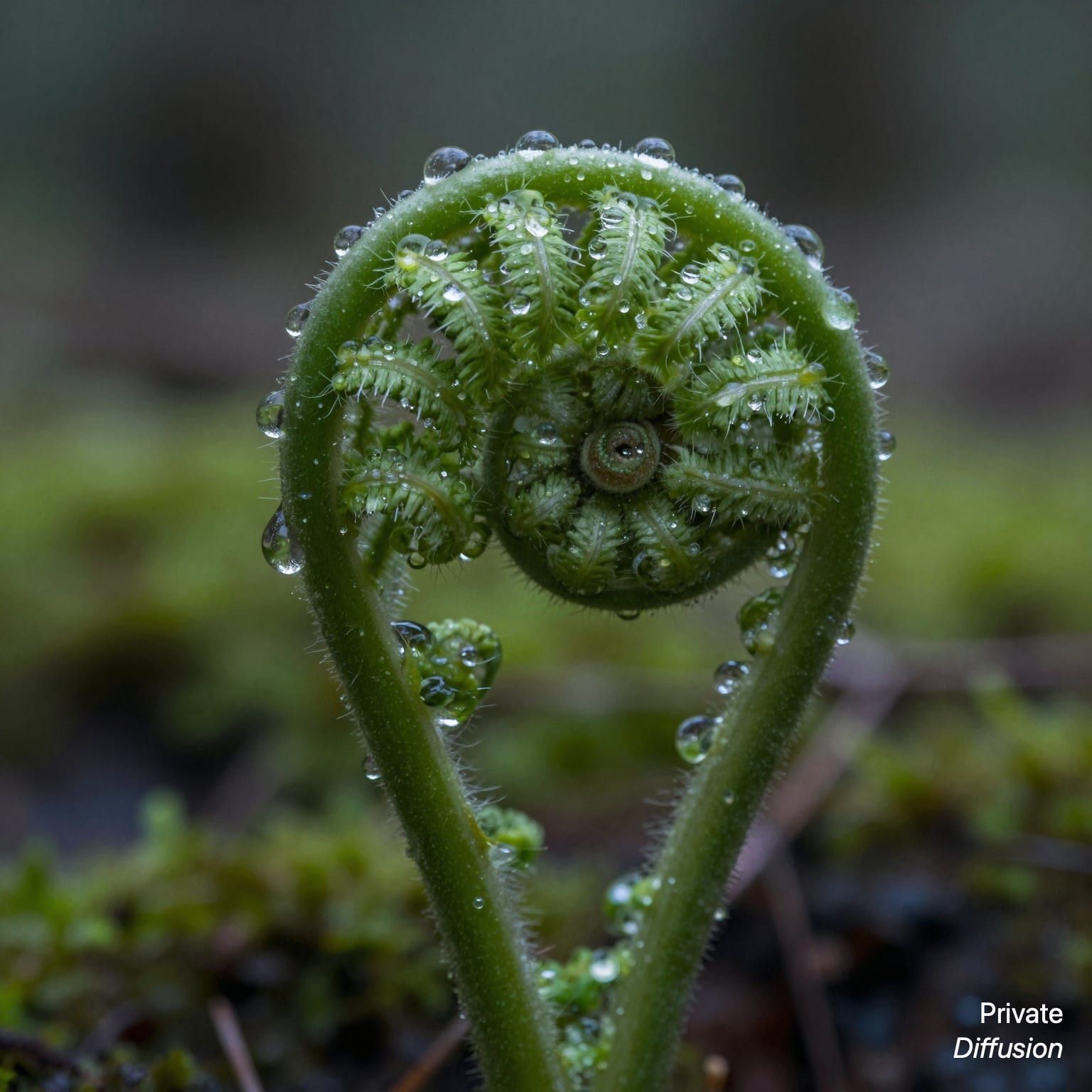 A dew-covered fern fiddlehead curls tightly against a blurred mossy forest floor.