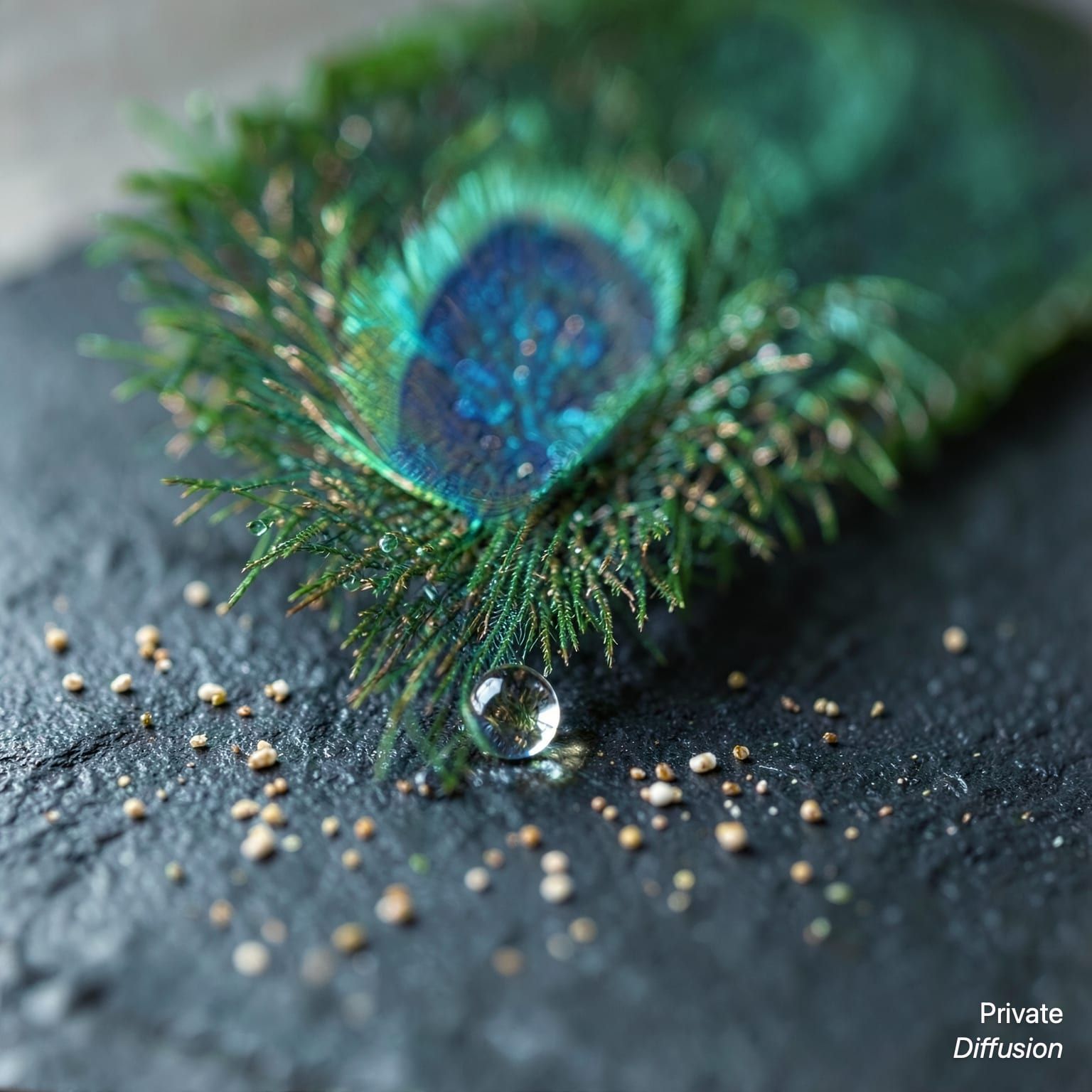 Dew droplets cling to a peacock feather resting on dark slate.