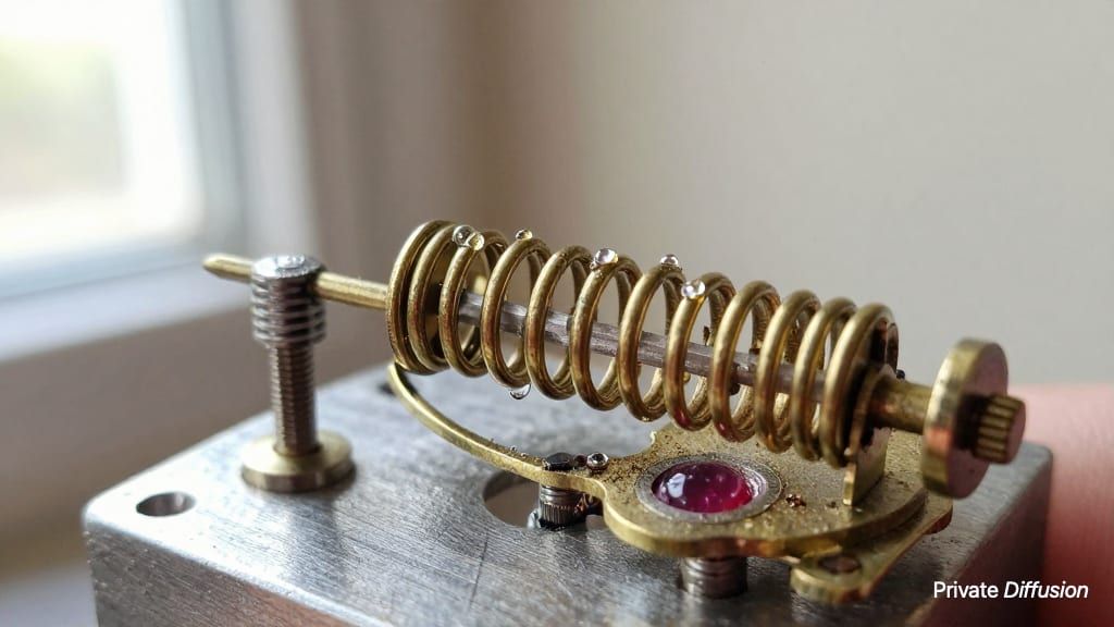 Dew beads cling to a brass watch spring on a scratched steel surface.