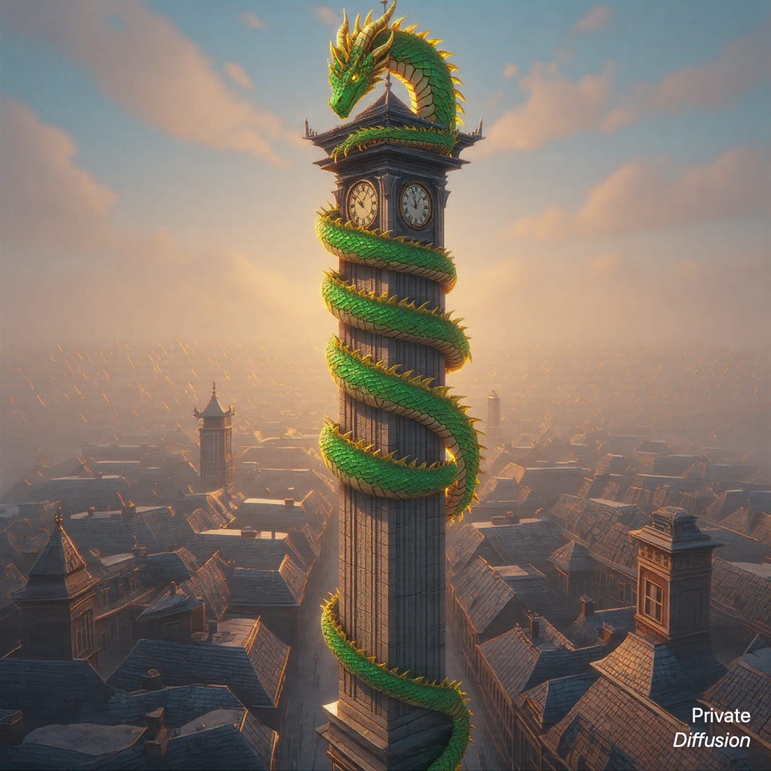 A gold and emerald dragon coils around a tall clock tower at sunset.