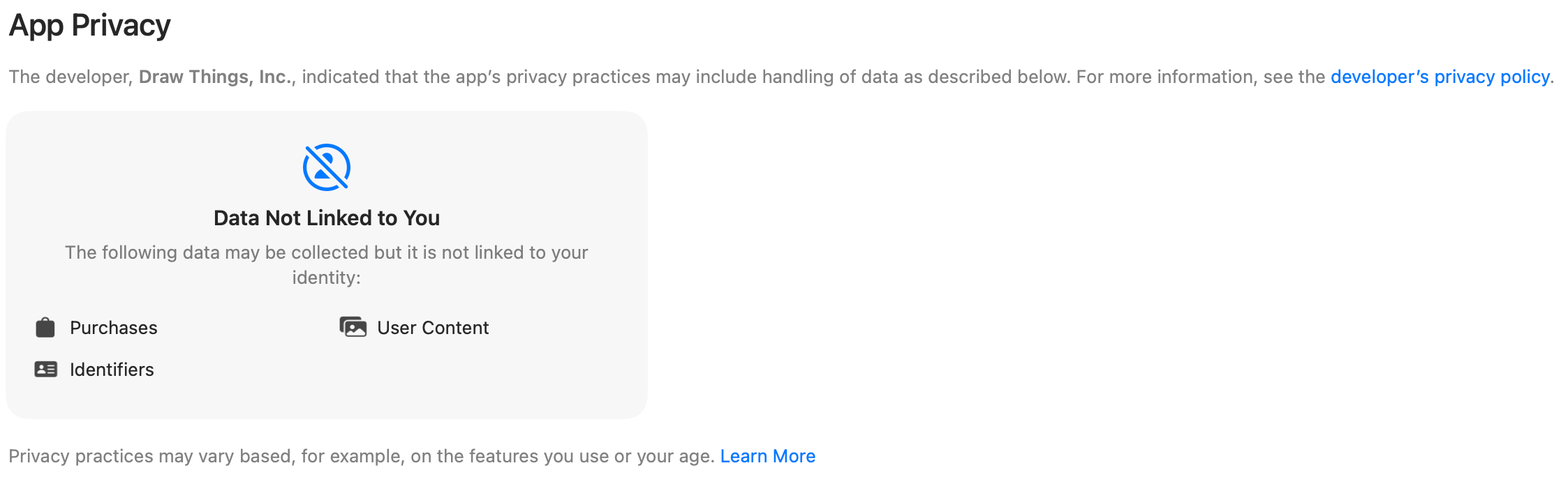 App Store App Privacy card for Draw Things, listing Purchases, User Content, and Identifiers as data collected but not linked to your identity.