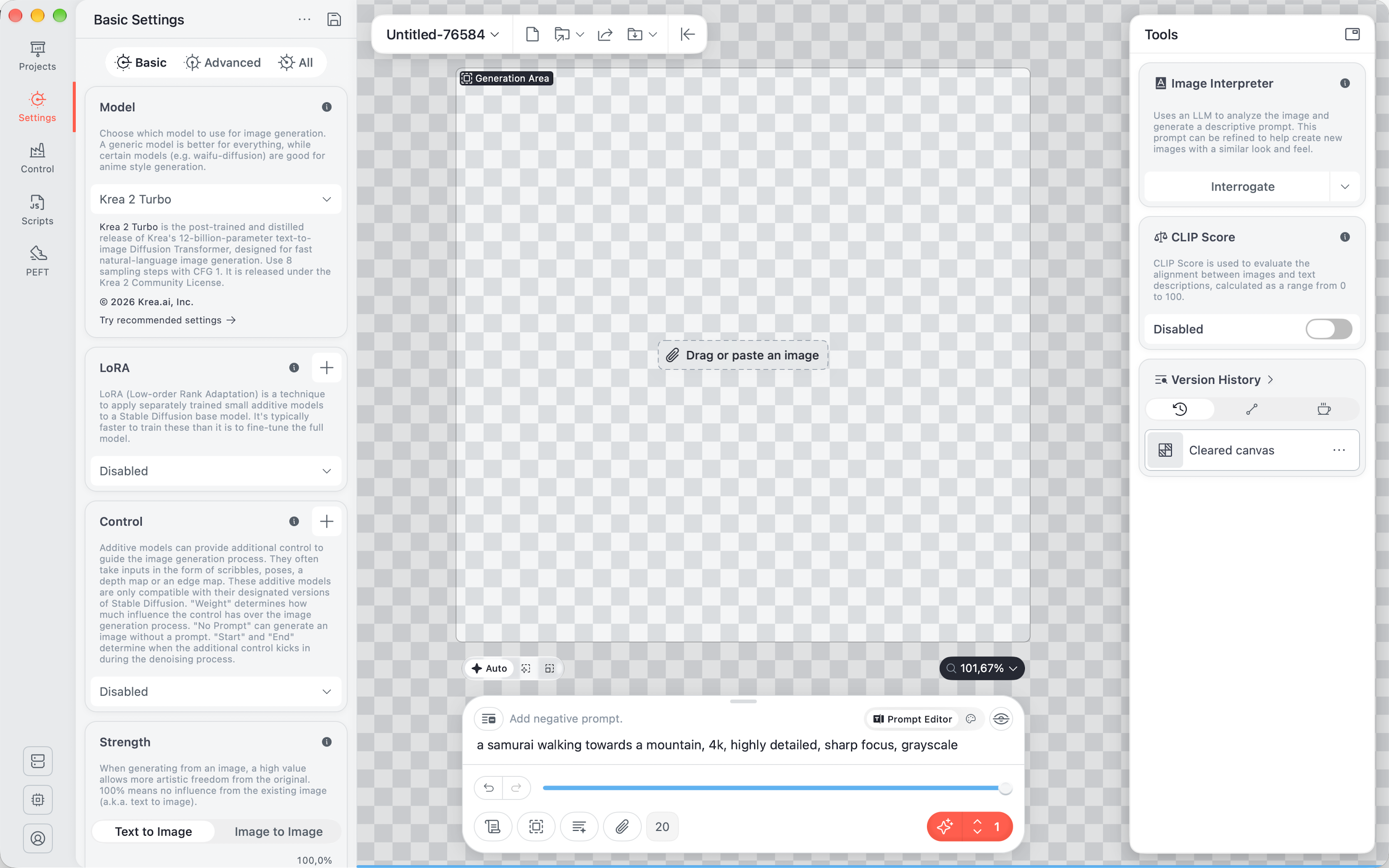 Mac版Draw Things: Projects、Settings、Control、Scripts、PEFTが並ぶサイドバー、チェッカーボード状のキャンバス、Model、LoRA、Control、Strengthを備えたBasic Settings列、そしてTools列。