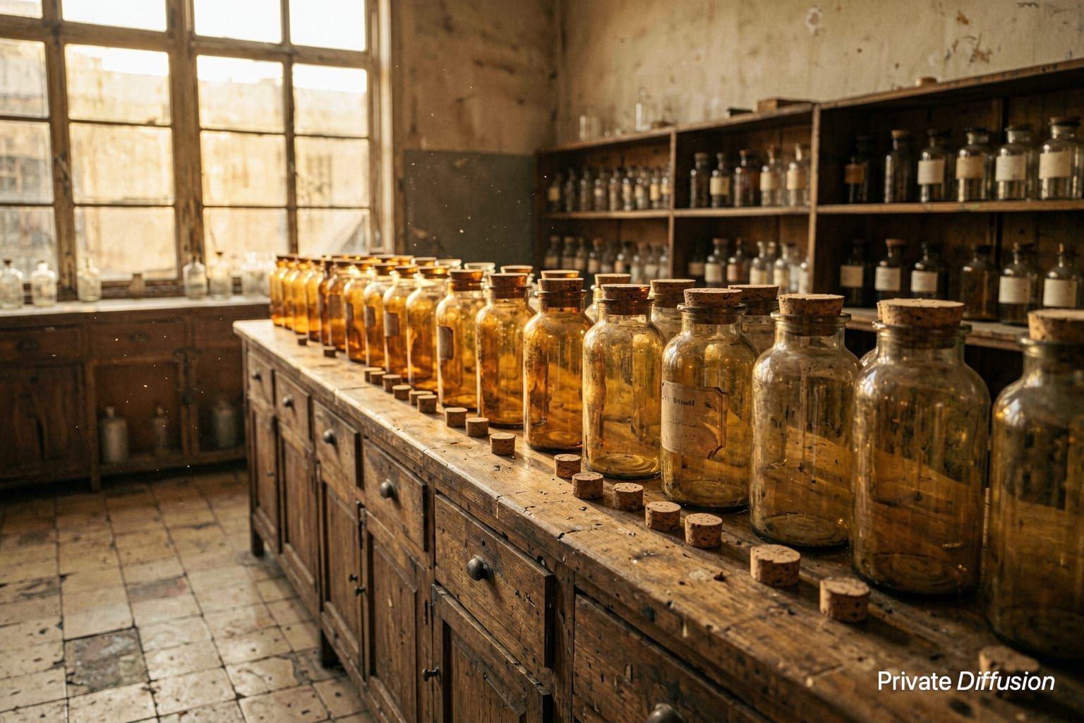 Amber apothecary jars line a dusty wooden counter in afternoon light.