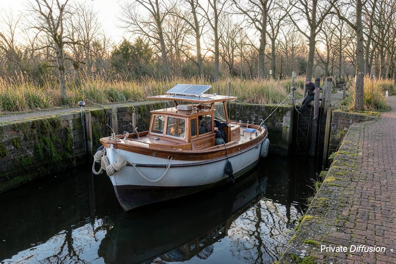 An electric canal boat waits by mossy lock gates in evening light.