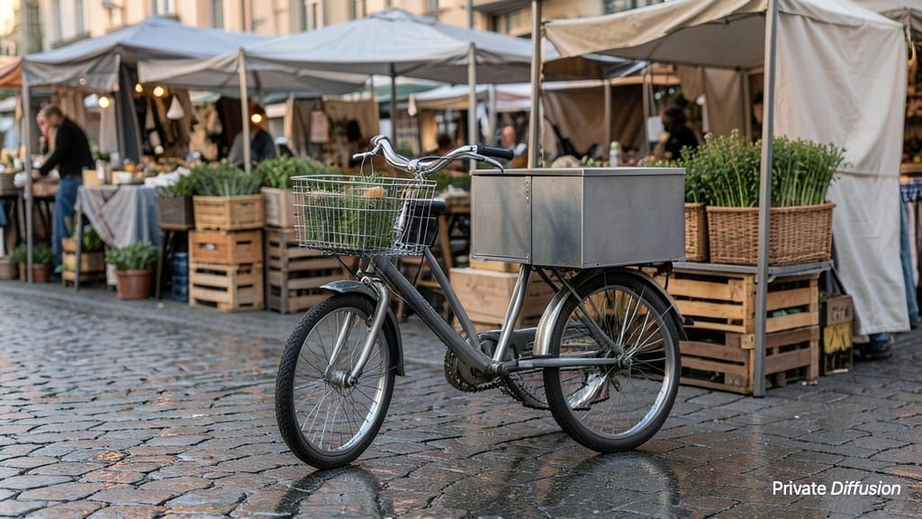 An electric cargo trike is parked at a quiet dawn market beside herb crates and canvas awnings.