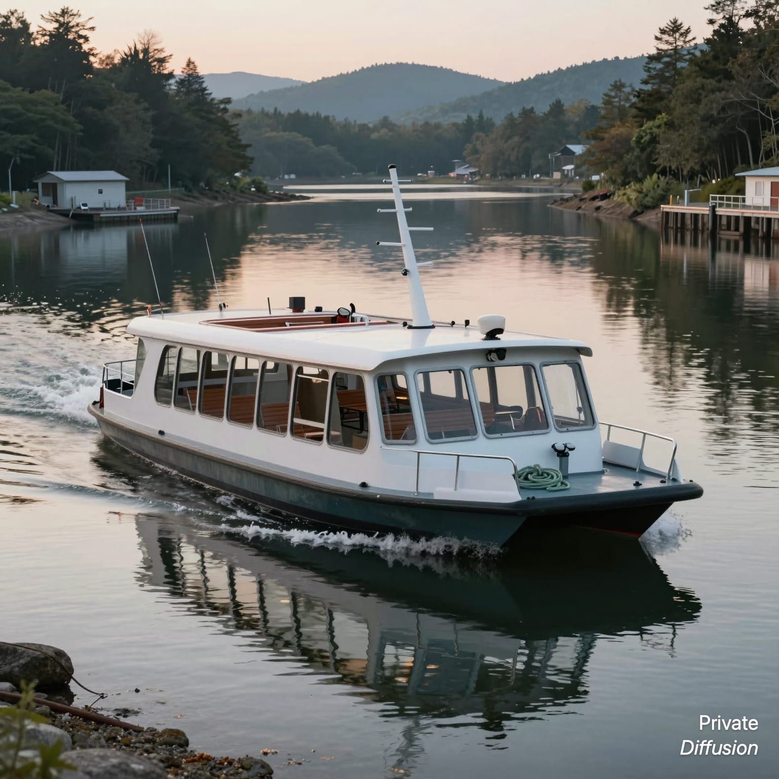 A small electric ferry crosses a calm inlet at dusk.