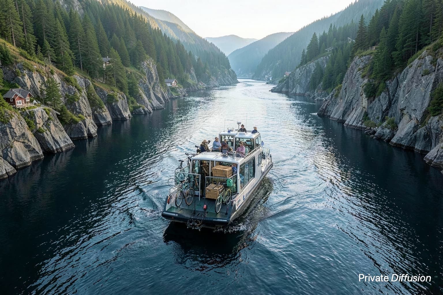 An electric ferry carries passengers and bicycles across a fjord in morning light.