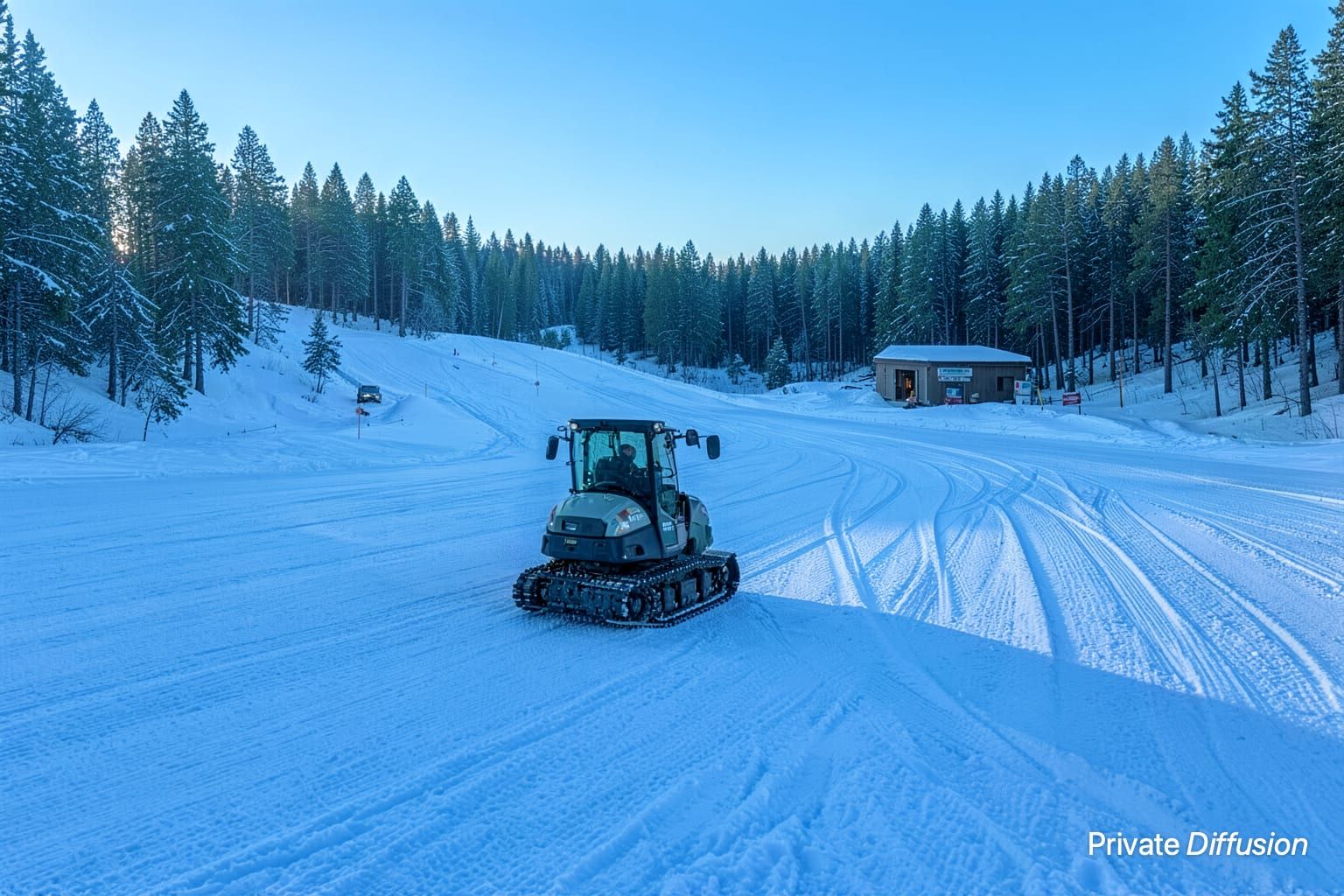 A compact snow groomer makes neat tracks on an empty ski slope at sunrise.