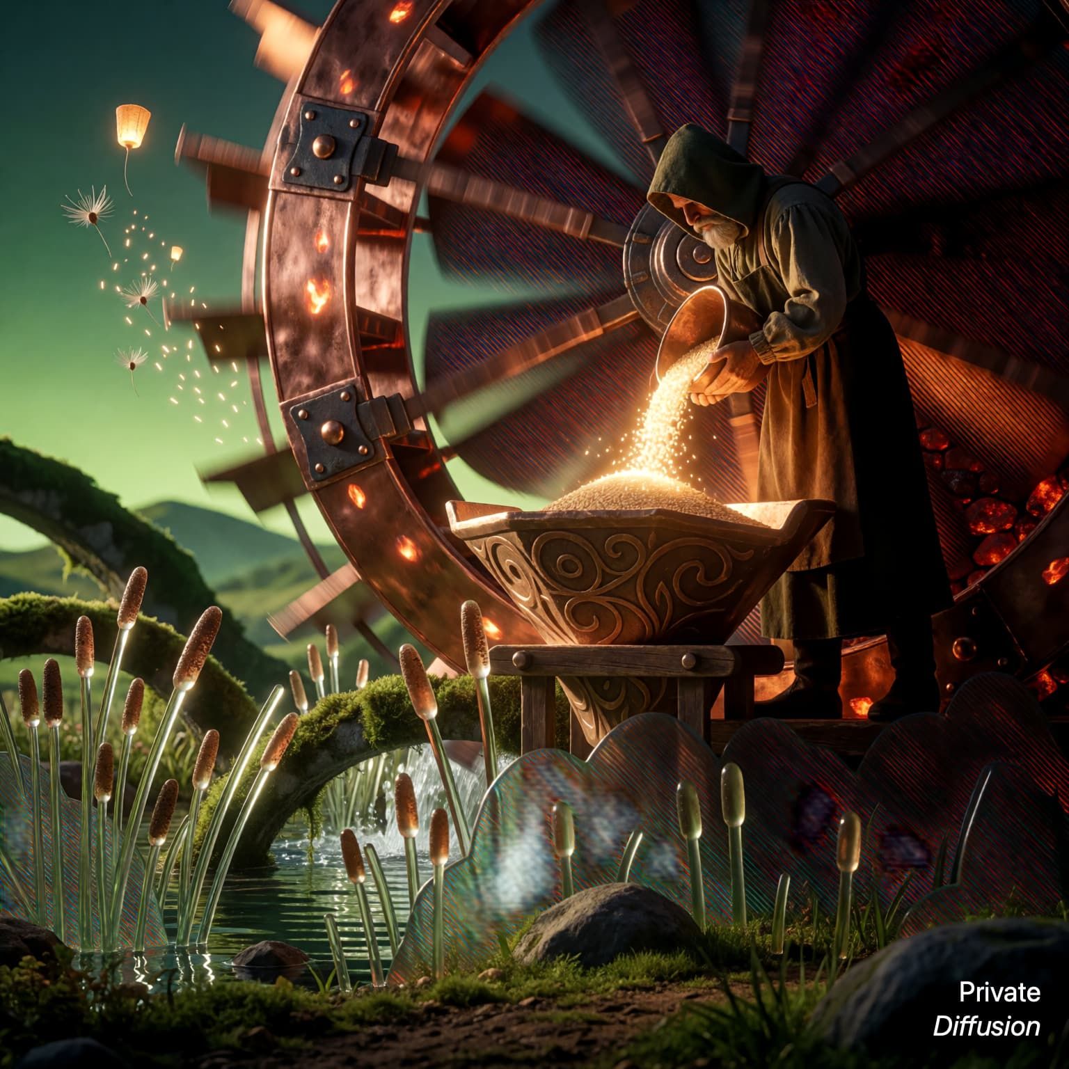 A magical watermill turns beside glass reeds while a hooded millkeeper pours glowing grain.