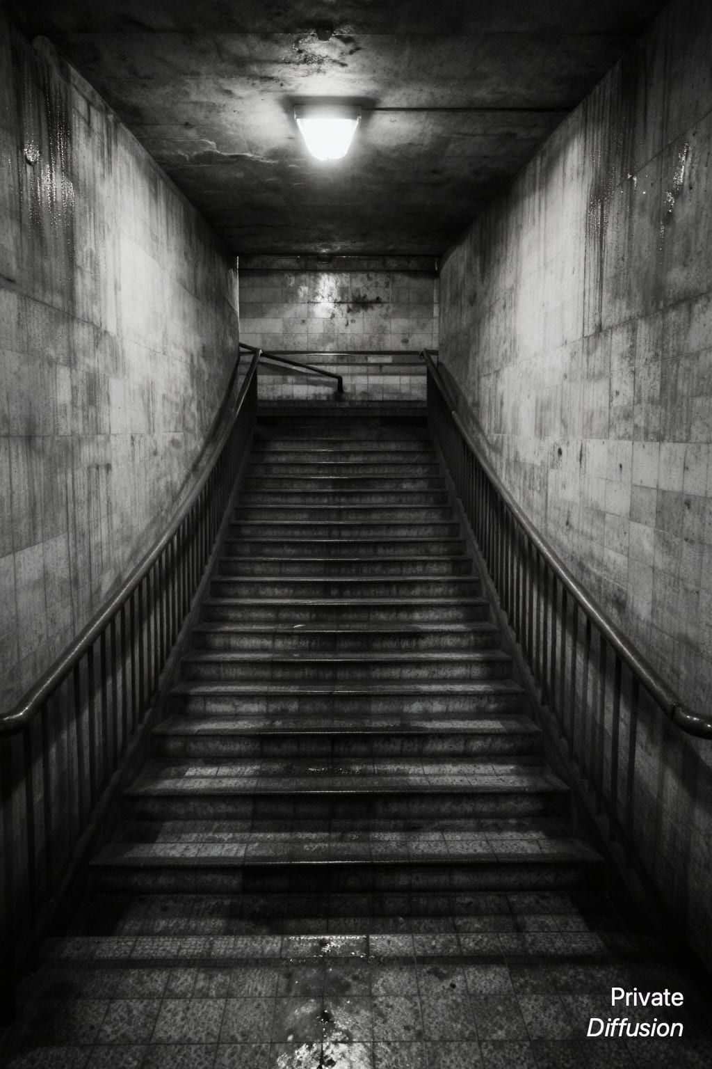 An empty underground station staircase descends through shadow and wet reflections.