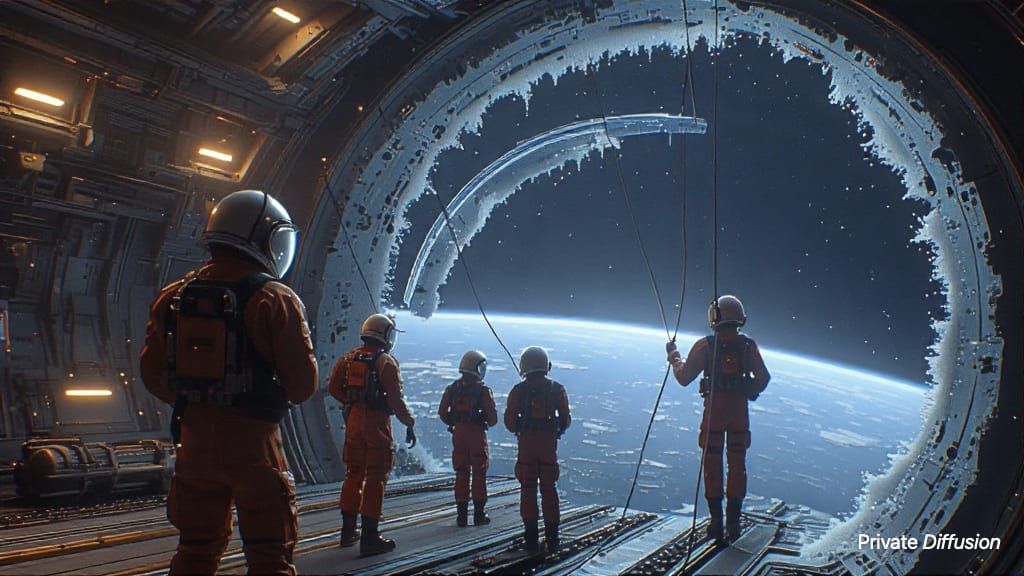 Pressure-suited engineers stand on a gantry beside a vast orbital ring over a blue planet.