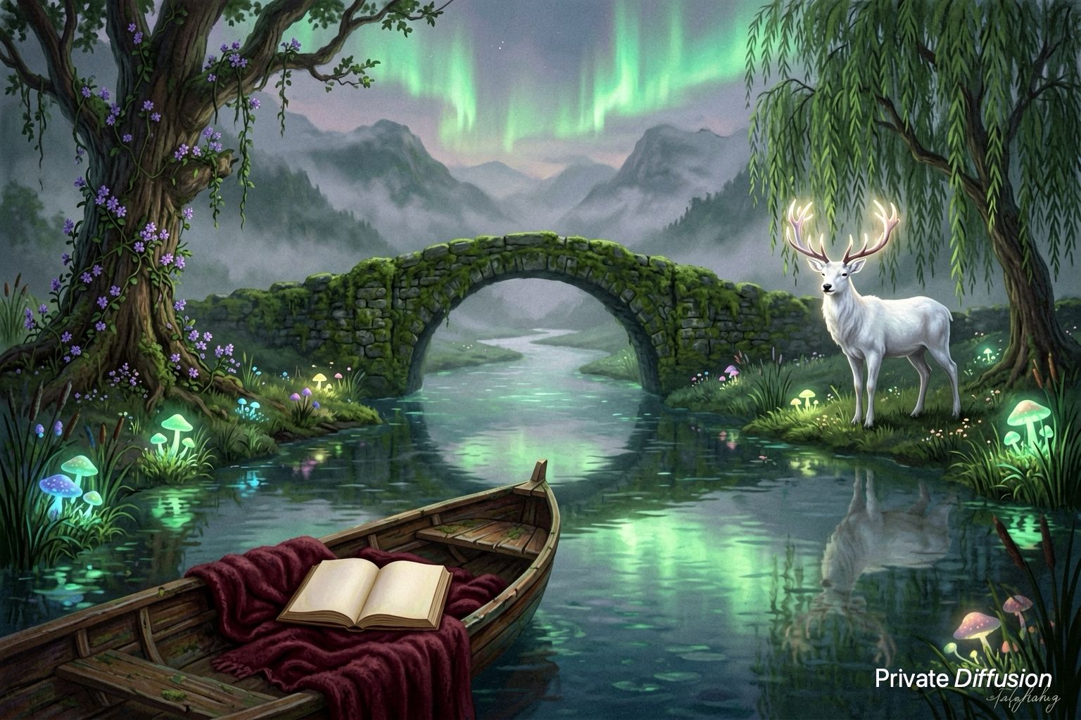 Fantasy illustration of a glowing white stag beside a river, a stone bridge, and green aurora.