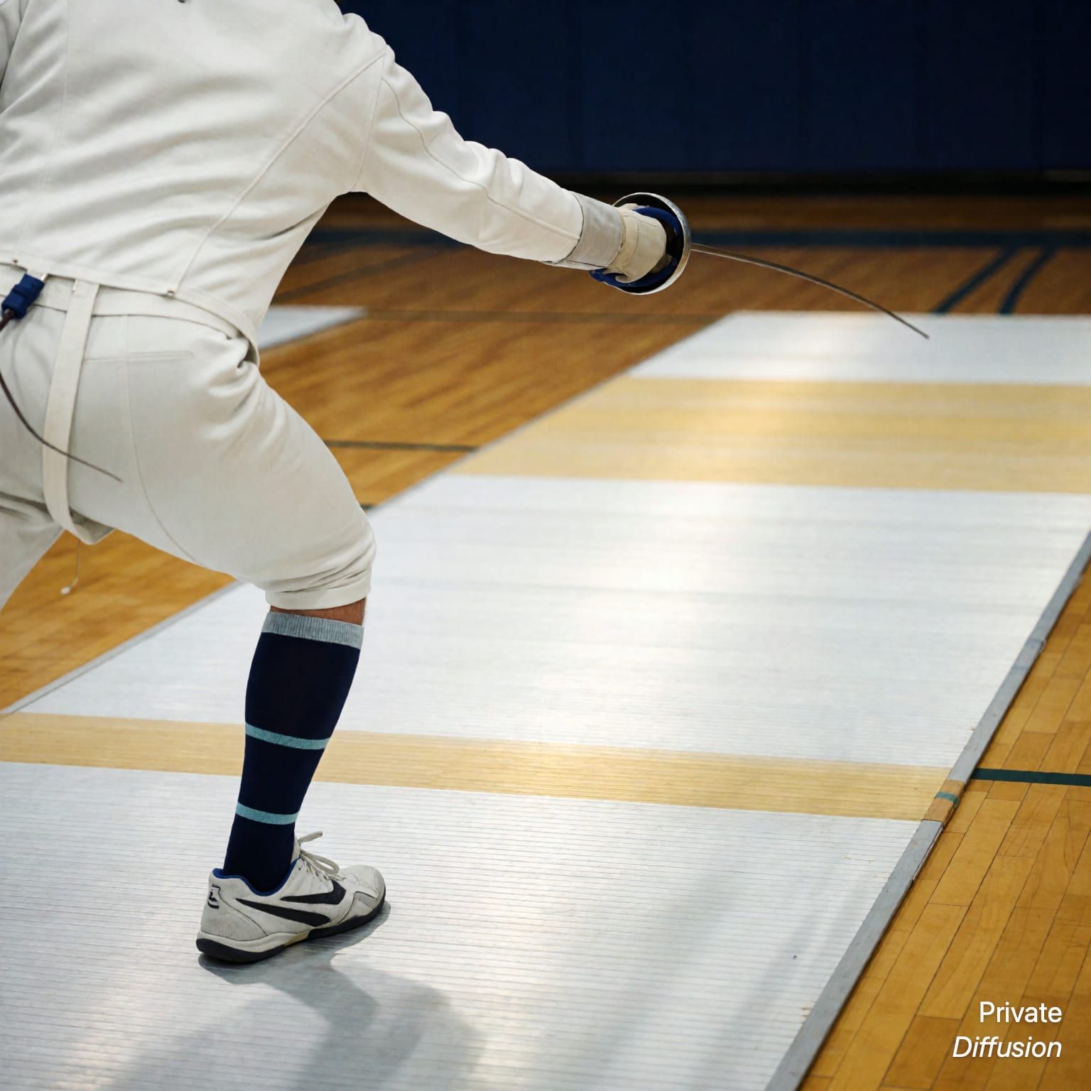 An adult fencer lunges on an indoor practice piste toward an empty target pad.