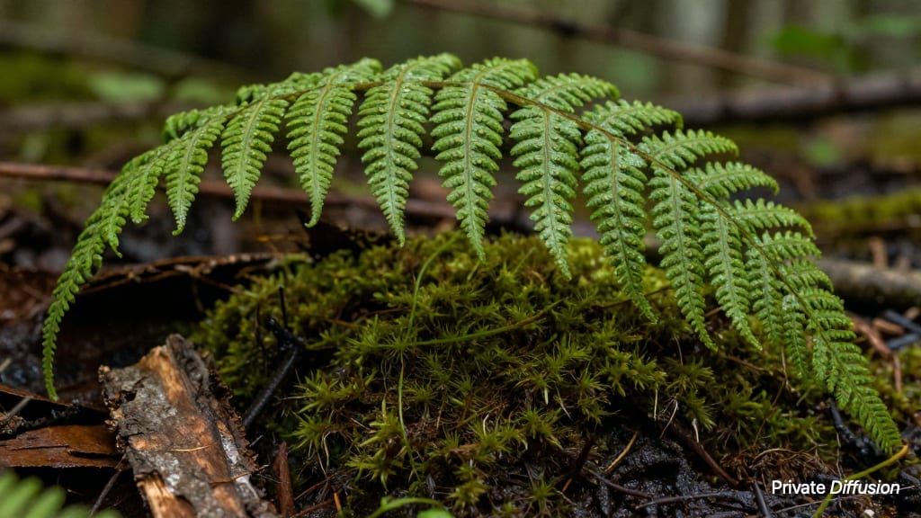 Close macro of fern spore rows under a curled frond over moss.