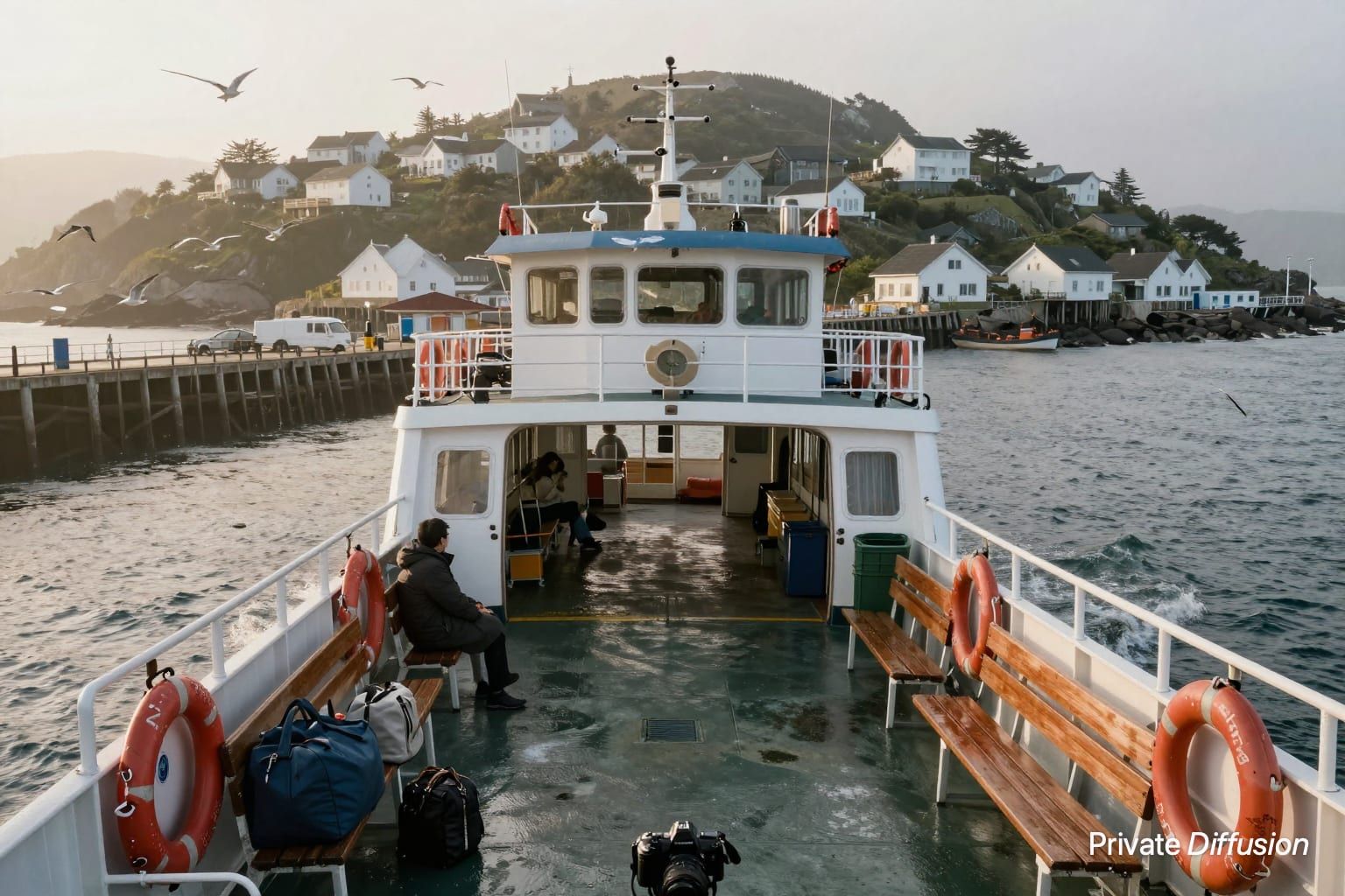 A ferry deck faces an island harbor with houses on a hill in misty afternoon light.