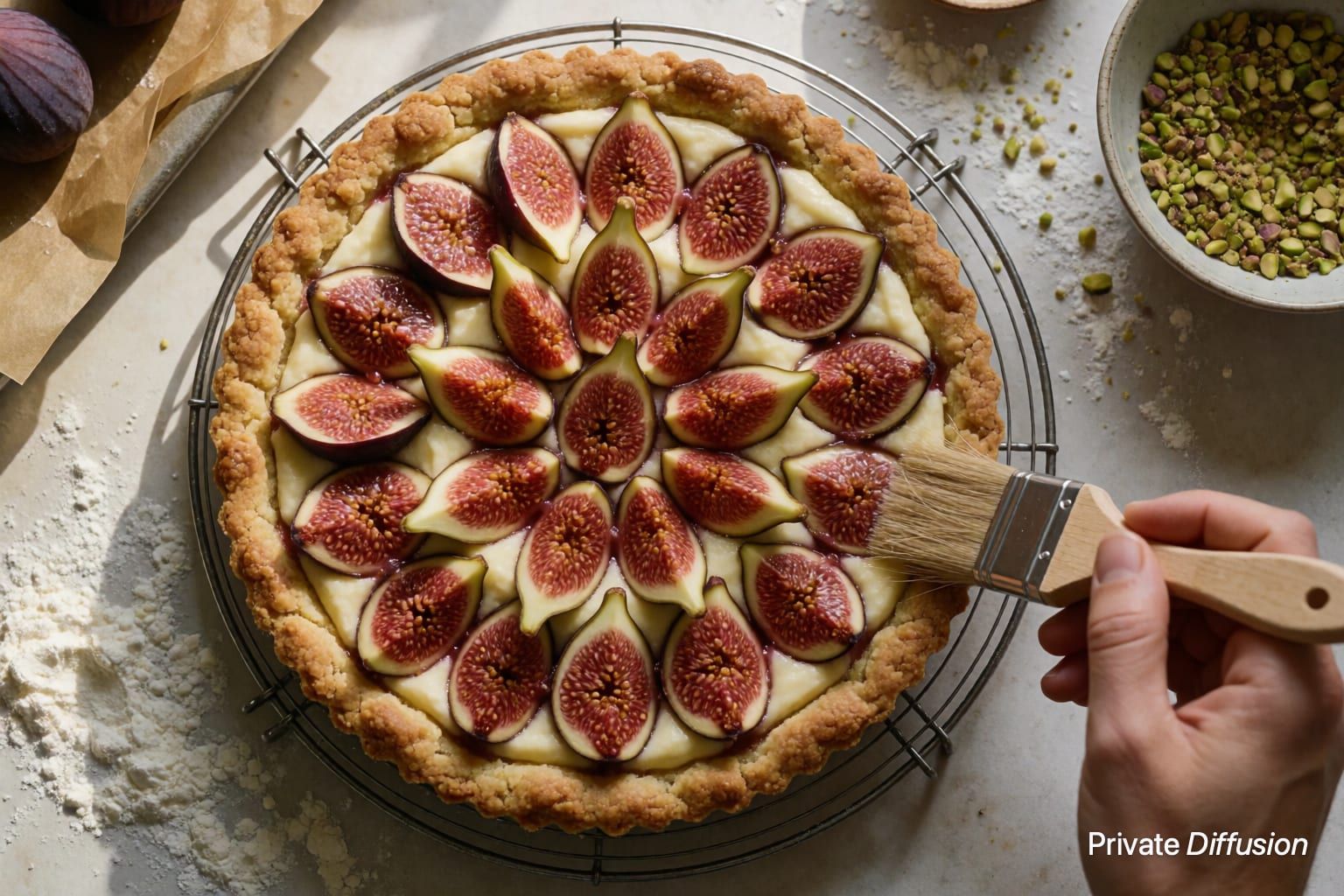 A fig tart cools on a rack while a pastry brush glazes the crust.