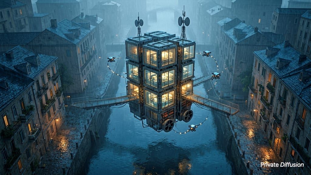 A glowing floating archive hovers over a canal in a dense rainy city.