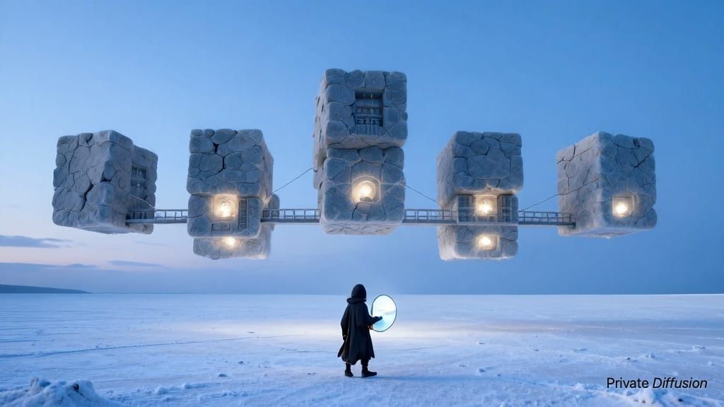 Stone archive cubes float above a salt desert while a lone surveyor walks below.