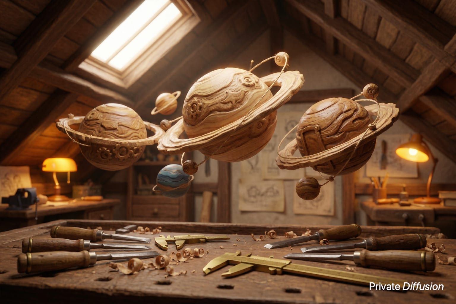 Wooden planets float above a cluttered attic workbench with carving tools.