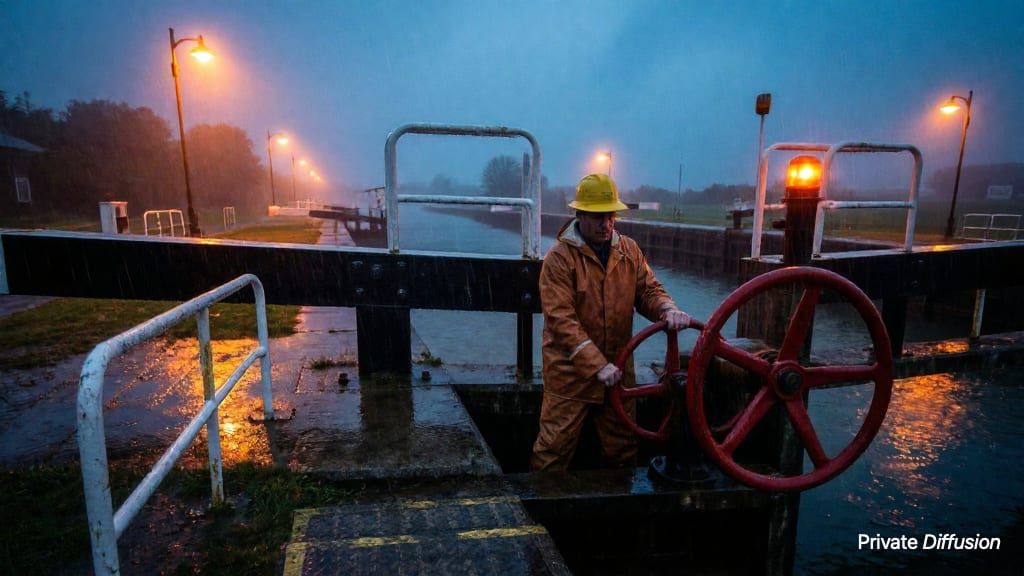A rain-soaked floodgate operator turns a wheel beside a canal lock at night.