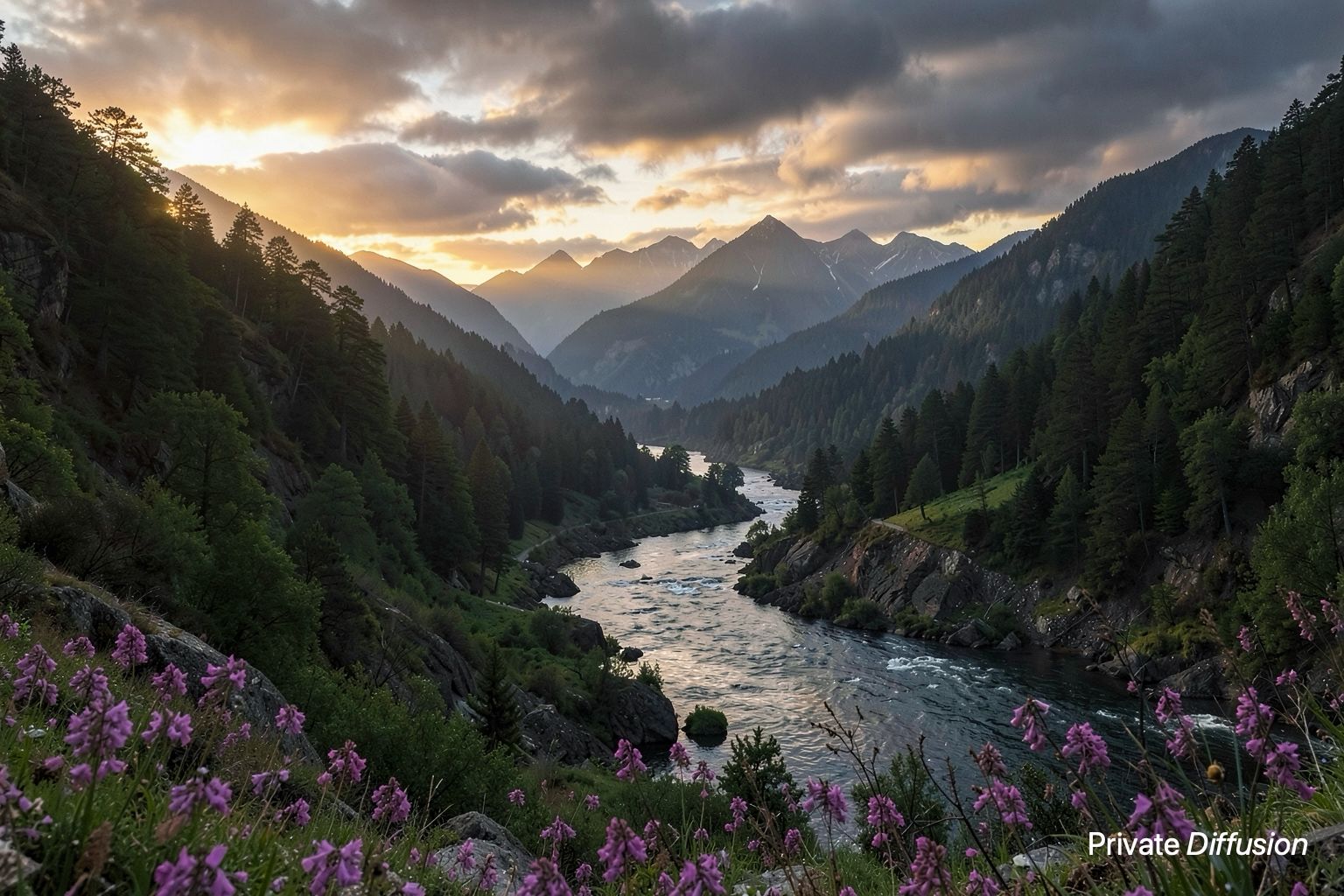 A river winds through a forested mountain valley at sunset, with purple wildflowers in the foreground.