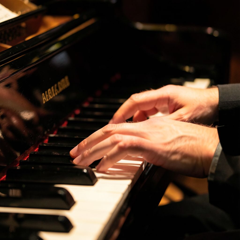 Atomic ChatのFlux.2 Klein 4B、Q4_K_M、プロンプト: Close-up of a pianist's hands on the keys of a grand piano, five fingers on each hand, warm stage light