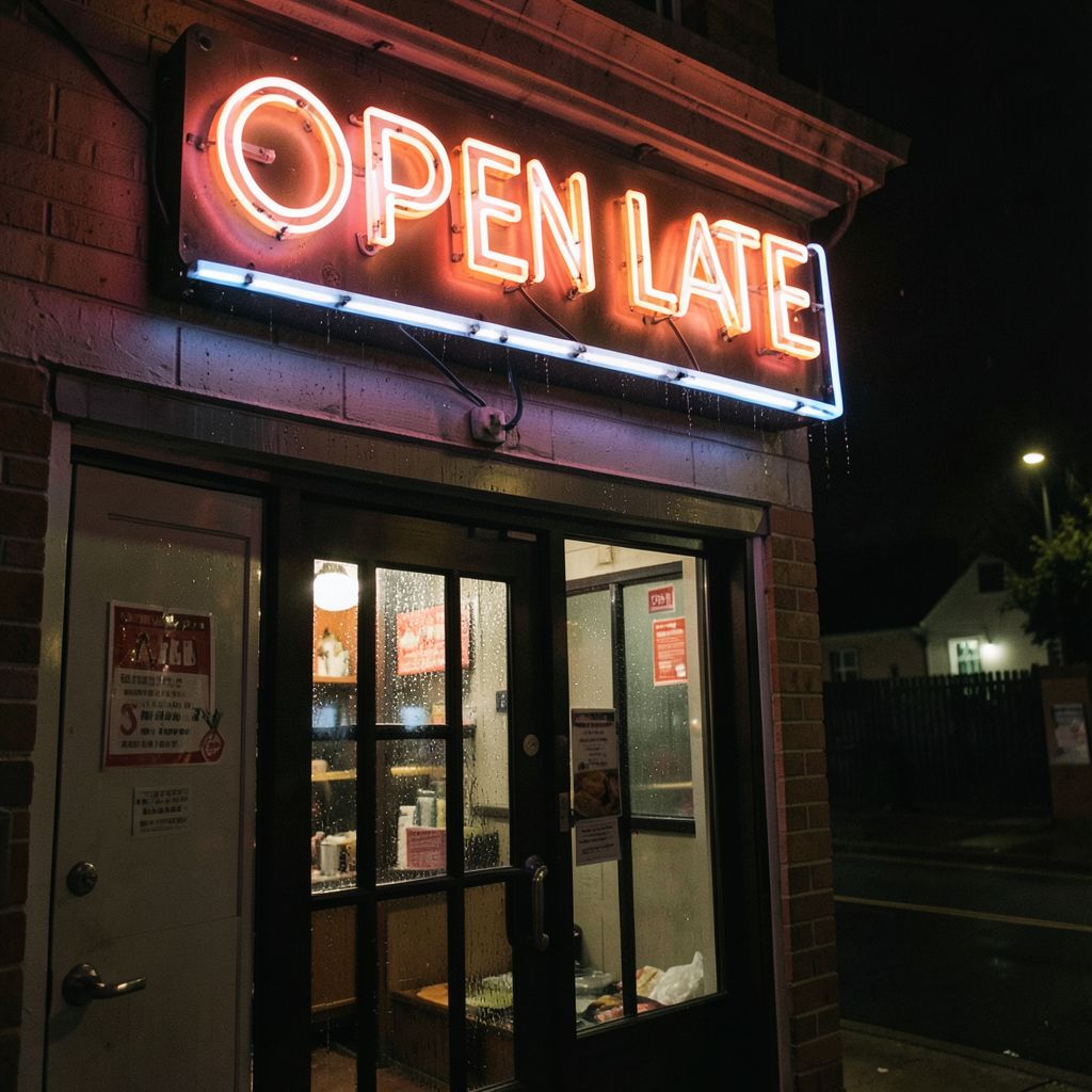 Atomic ChatのFlux.2 Klein 4B、Q4_K_M、プロンプト: A neon sign reading 'OPEN LATE' above a rainy diner door, photographed at night
