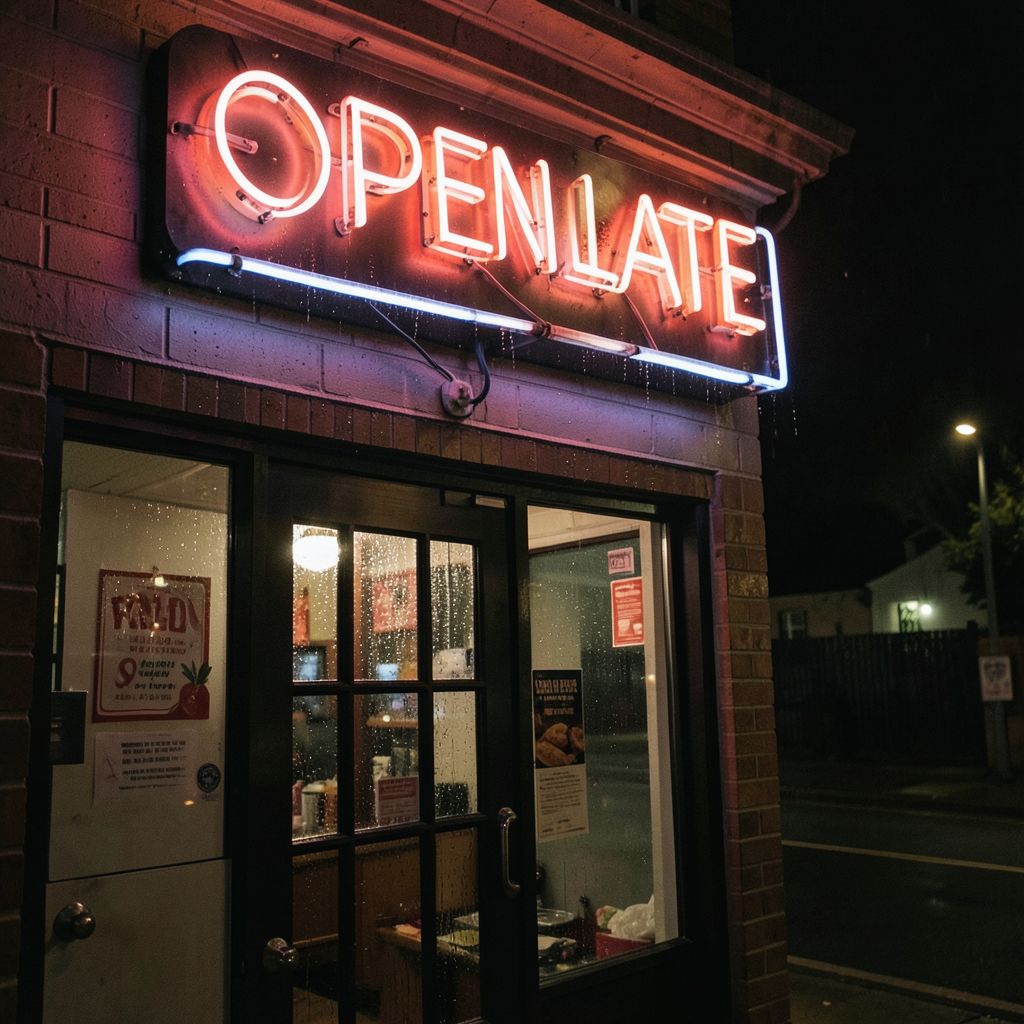 Atomic ChatのFlux.2 Klein 4B、Q8_0、プロンプト: A neon sign reading 'OPEN LATE' above a rainy diner door, photographed at night