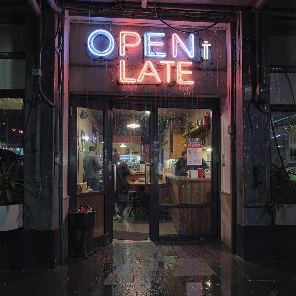 Private DiffusionのFlux.2 Klein 4B、QAD、プロンプト: A neon sign reading 'OPEN LATE' above a rainy diner door, photographed at night