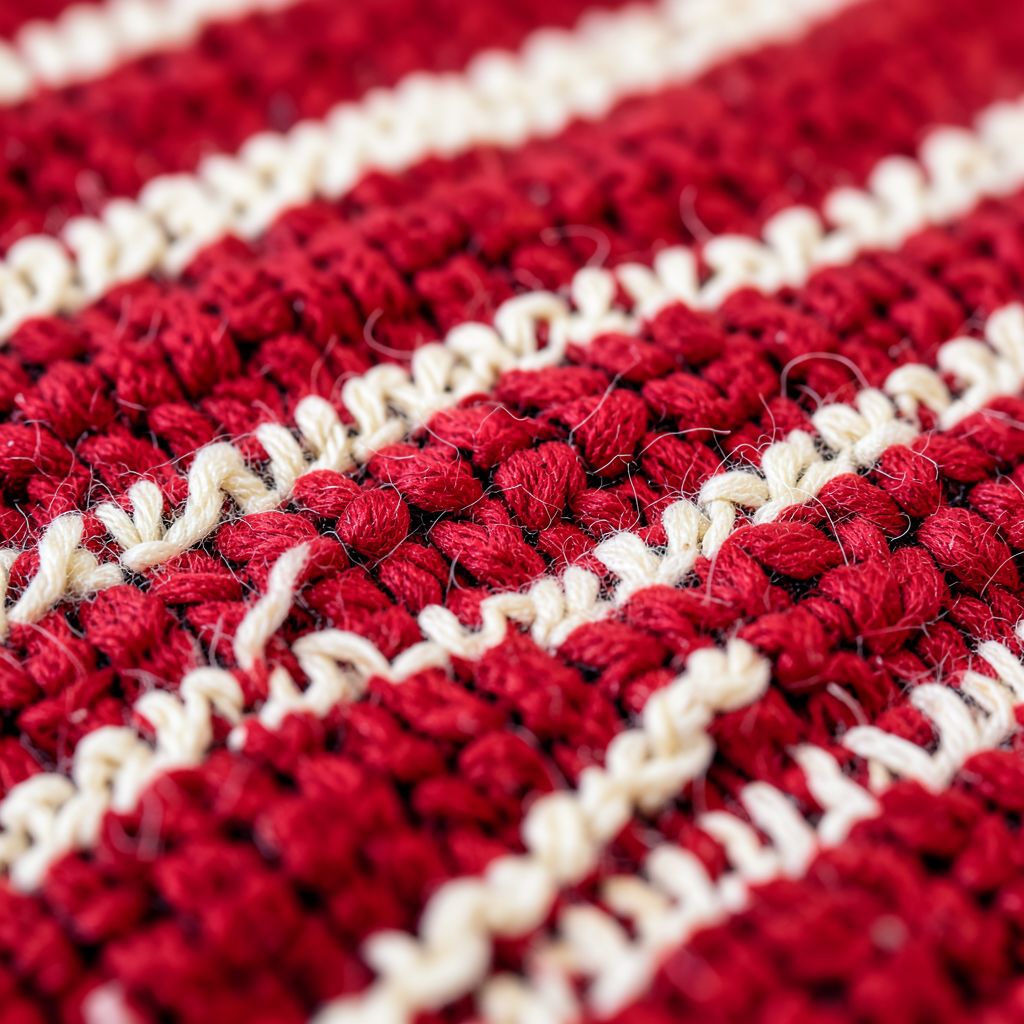 Atomic ChatのFlux.2 Klein 4B、Q4_K_M、プロンプト: Macro photo of a hand-woven wool blanket in red and cream stripes, individual fibers visible