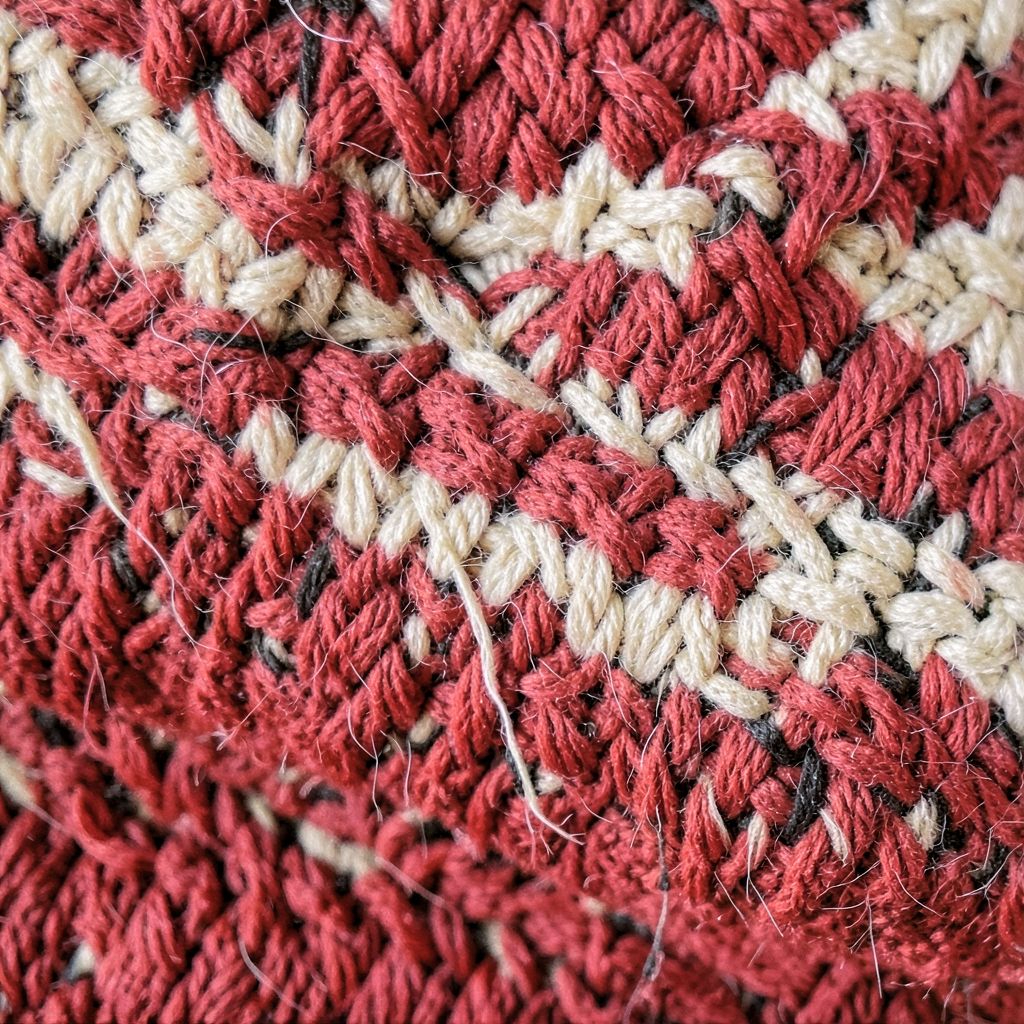 Private DiffusionのFlux.2 Klein 4B、QAD、プロンプト: Macro photo of a hand-woven wool blanket in red and cream stripes, individual fibers visible
