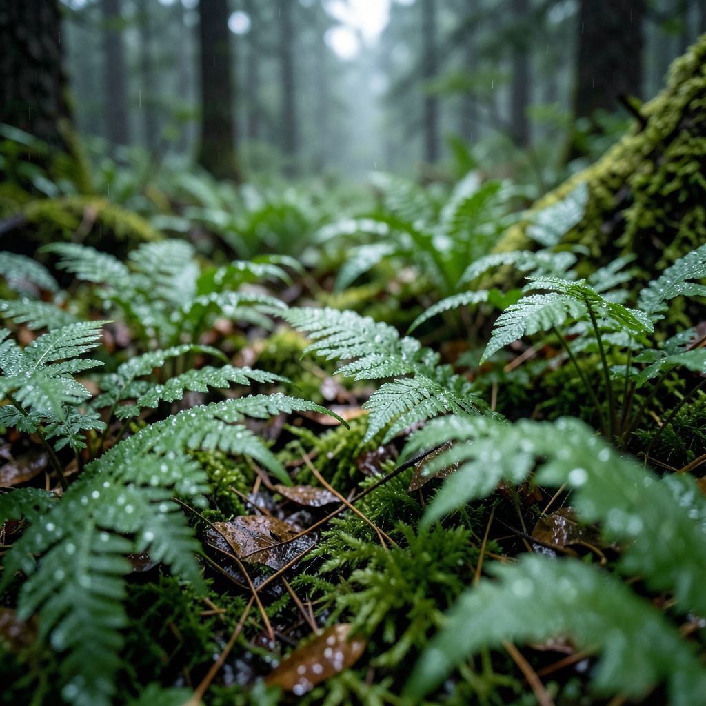 Atomic ChatのFlux.2 Klein 4B、Q4_K_M、プロンプト: A fern-covered forest floor after rain, dew on every leaf, shallow depth of field
