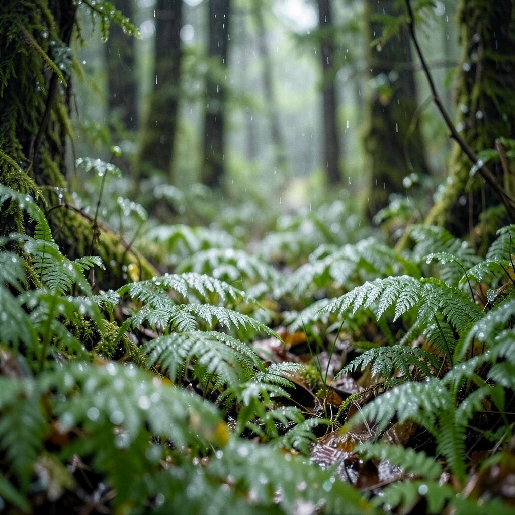 Private DiffusionのFlux.2 Klein 4B、QAD、プロンプト: A fern-covered forest floor after rain, dew on every leaf, shallow depth of field