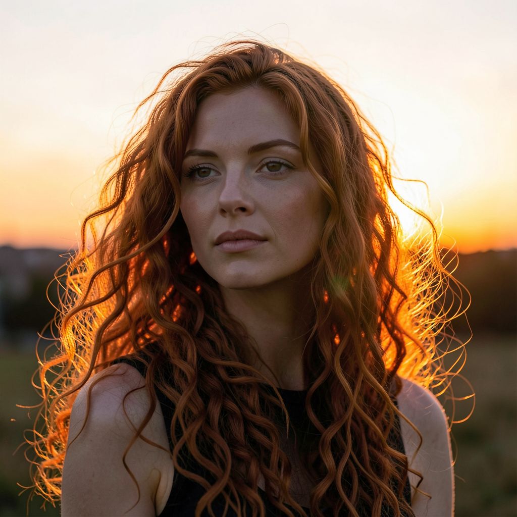 Atomic ChatのFlux.2 Klein 4B、Q4_K_M、プロンプト: Portrait of a woman with long curly auburn hair backlit by the setting sun, individual strands catching light
