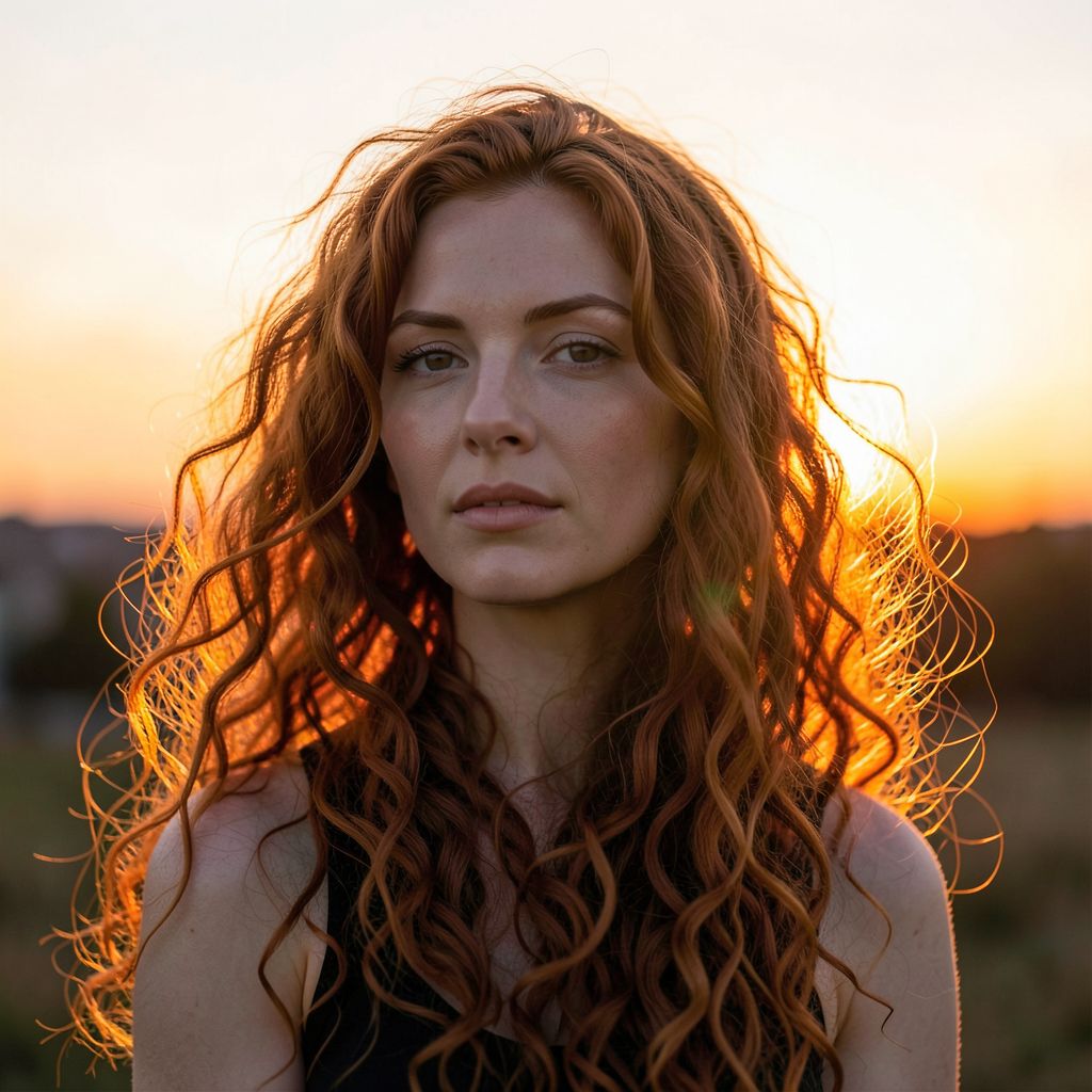 Atomic ChatのFlux.2 Klein 4B、Q8_0、プロンプト: Portrait of a woman with long curly auburn hair backlit by the setting sun, individual strands catching light