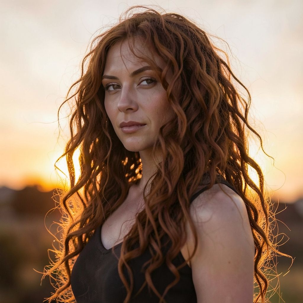 Private DiffusionのFlux.2 Klein 4B、QAD、プロンプト: Portrait of a woman with long curly auburn hair backlit by the setting sun, individual strands catching light