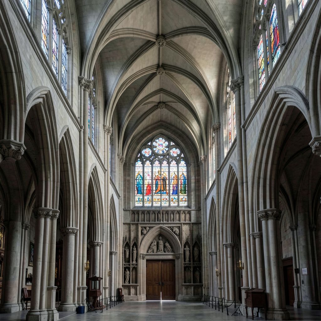 Atomic ChatのFlux.2 Klein 4B、Q4_K_M、プロンプト: A Gothic cathedral nave seen from the entrance, ribbed vaults, stained glass, symmetrical composition