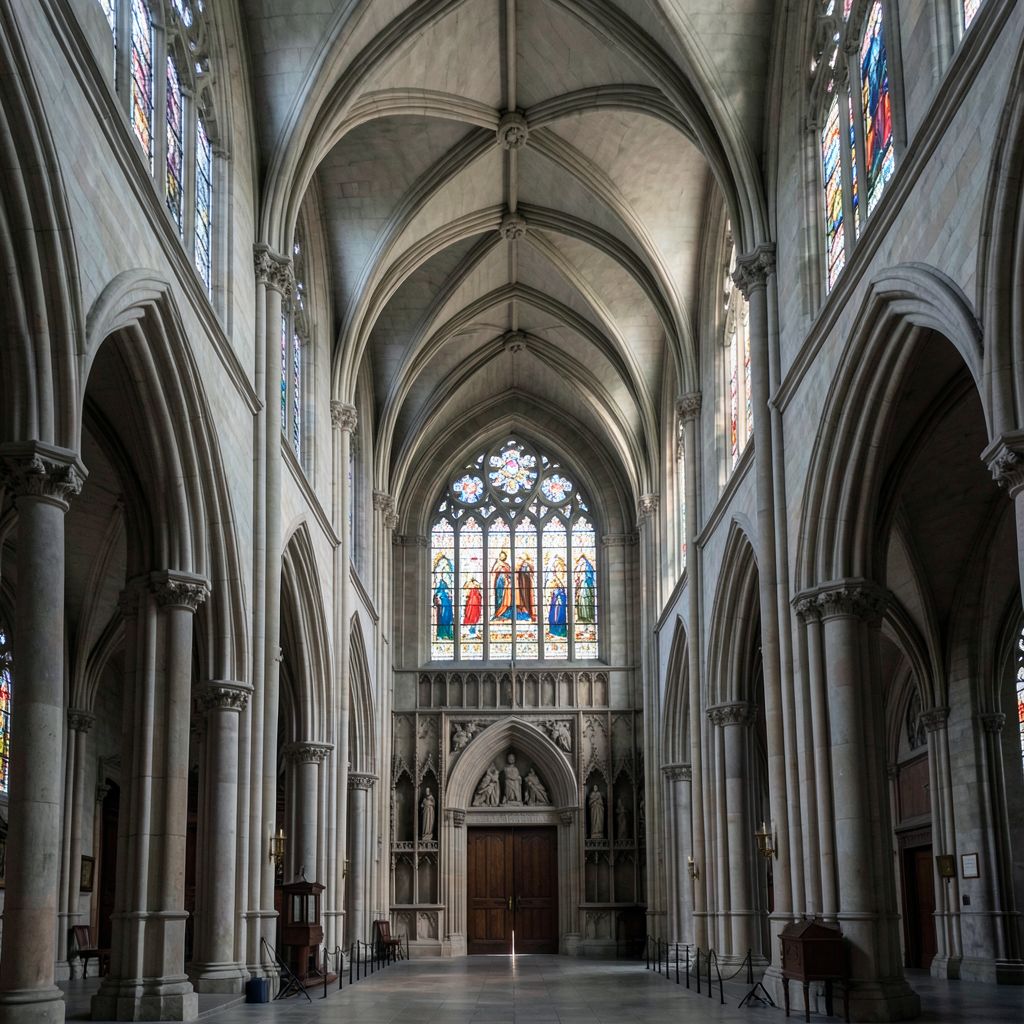 Atomic ChatのFlux.2 Klein 4B、Q8_0、プロンプト: A Gothic cathedral nave seen from the entrance, ribbed vaults, stained glass, symmetrical composition