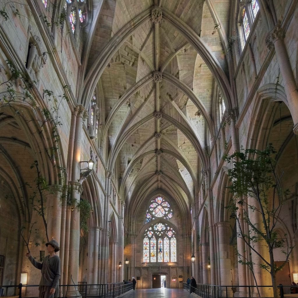 Private DiffusionのFlux.2 Klein 4B、QAD、プロンプト: A Gothic cathedral nave seen from the entrance, ribbed vaults, stained glass, symmetrical composition