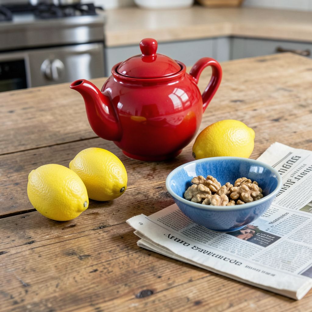Atomic ChatのFlux.2 Klein 4B、Q4_K_M、プロンプト: A wooden kitchen table with a red teapot, three lemons, a blue ceramic bowl of walnuts, and a folded newspaper