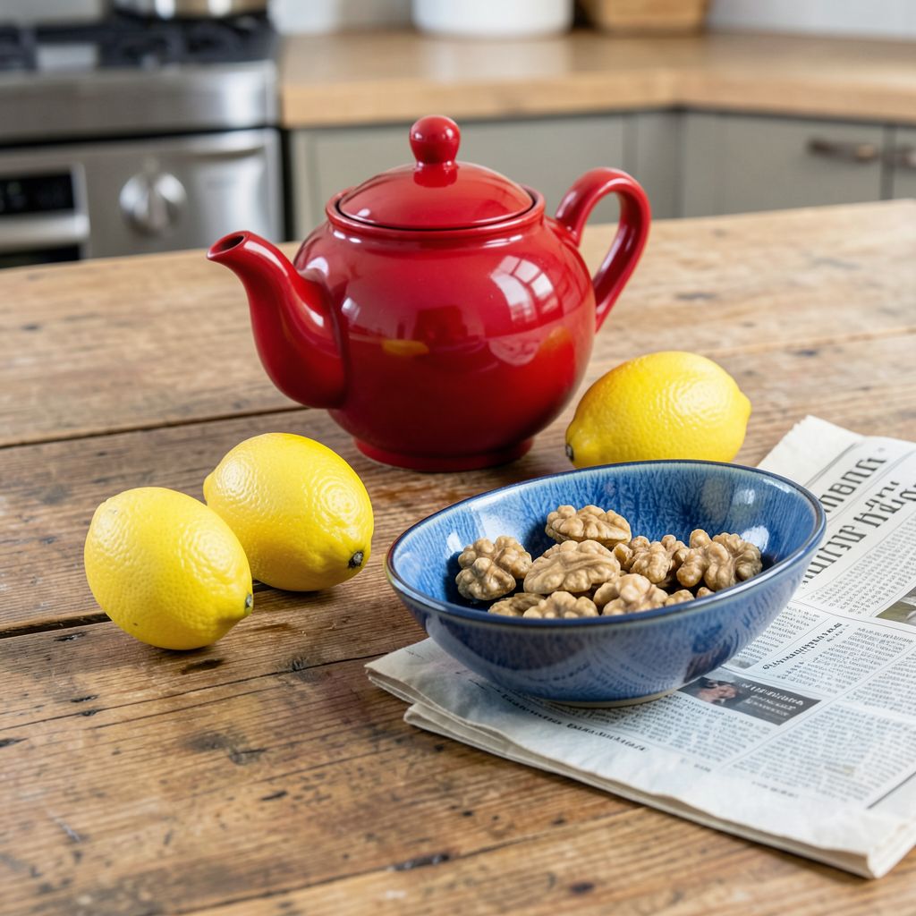 Atomic ChatのFlux.2 Klein 4B、Q8_0、プロンプト: A wooden kitchen table with a red teapot, three lemons, a blue ceramic bowl of walnuts, and a folded newspaper