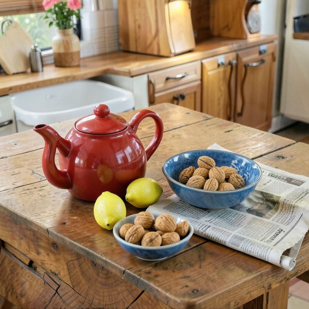 Private DiffusionのFlux.2 Klein 4B、QAD、プロンプト: A wooden kitchen table with a red teapot, three lemons, a blue ceramic bowl of walnuts, and a folded newspaper