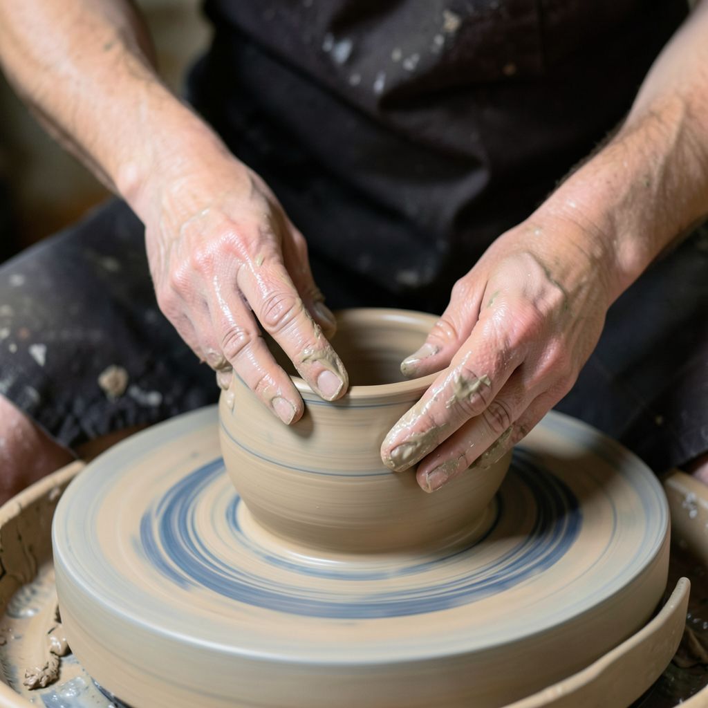 Atomic ChatのFlux.2 Klein 4B、Q4_K_M、プロンプト: A potter shaping clay on a wheel, both hands visible, wet clay on the fingers