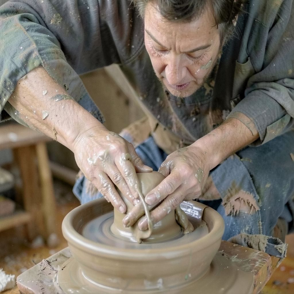 Private DiffusionのFlux.2 Klein 4B、QAD、プロンプト: A potter shaping clay on a wheel, both hands visible, wet clay on the fingers