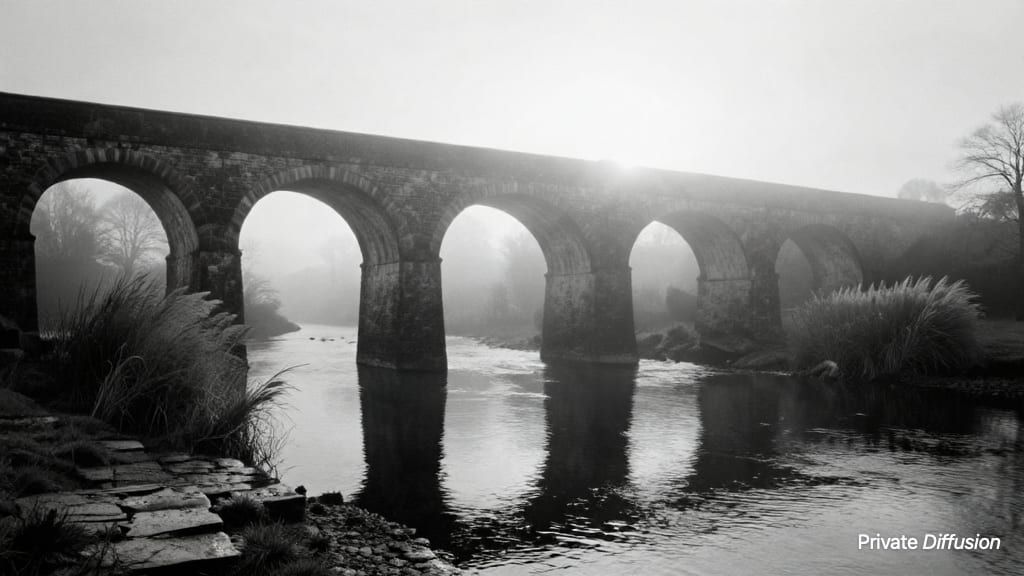 A misty black-and-white railway viaduct crosses a river at dawn.