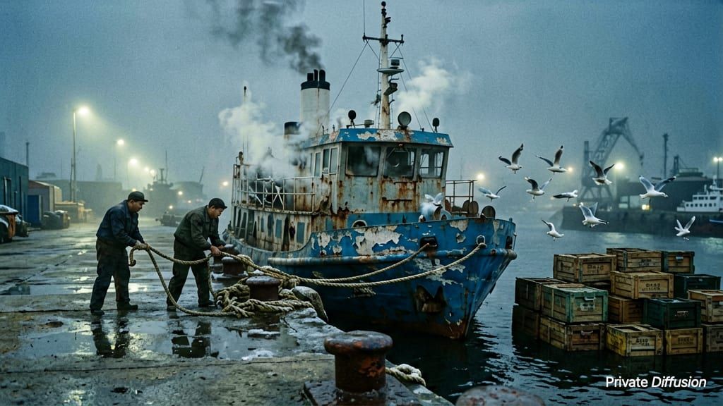 A foggy harbor ferry idles beside workers, ropes, crates, and searchlights at dawn.