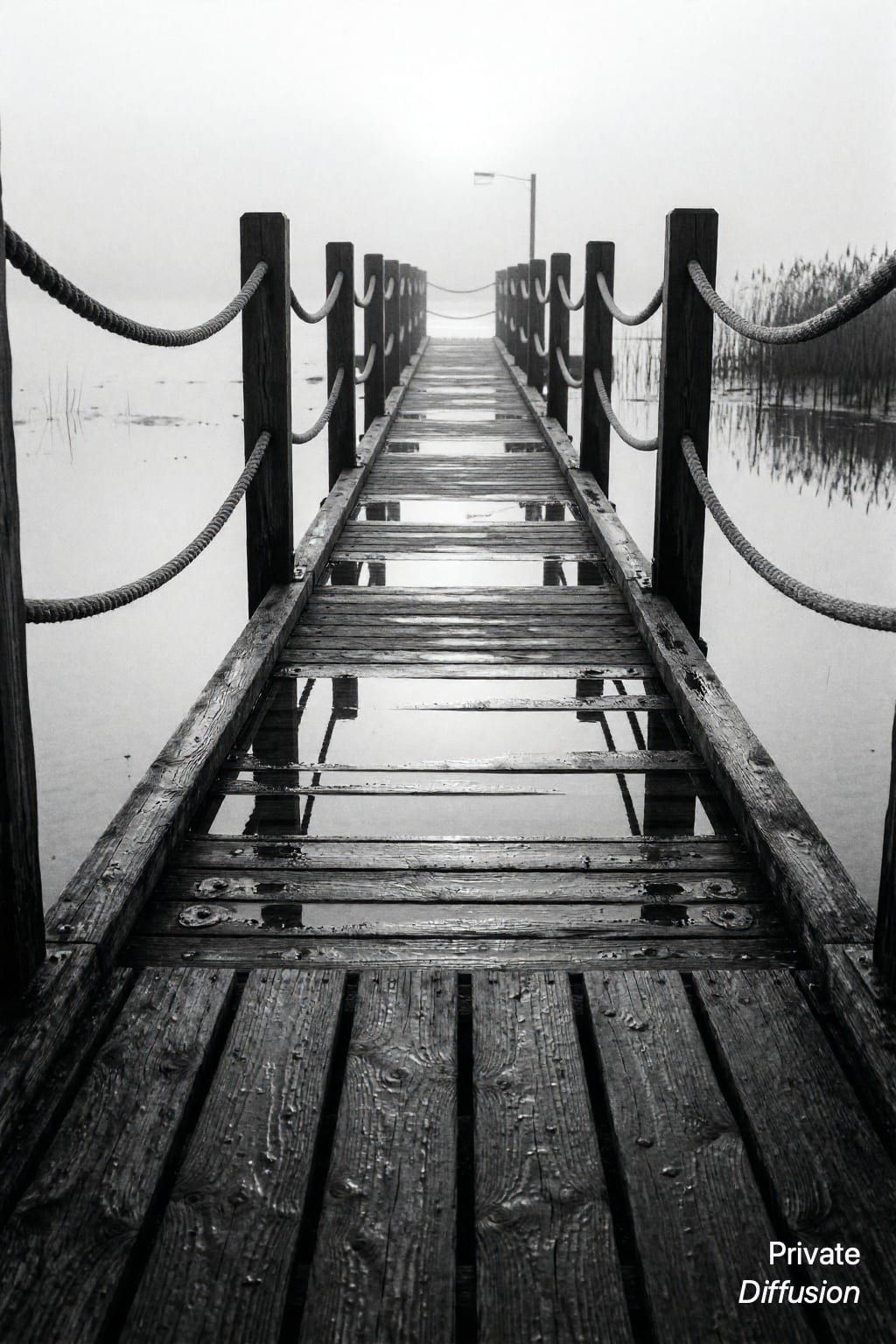 A black-and-white wooden pier stretches into fog over a quiet bay.